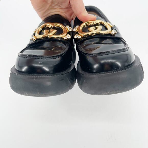 Gucci Black Glossy Leather Romance Interlocking GG Crystal Lug Sole Loafer EU 39 - Picture 6 of 16